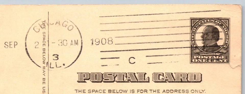 1908 UX20 ANTIQUE US Postal Card 1c CHICAGO IL Machine Cancel 'Got Home Safe' - Image 2 of 3