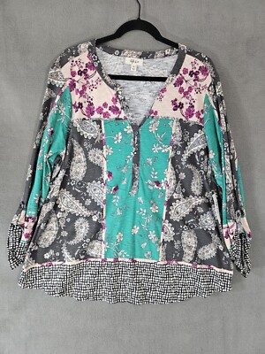 NWT Style Co Womens Plus 2X Peasant Boho Vneck Roll-Tab Sleeve Floral Patchwork 
