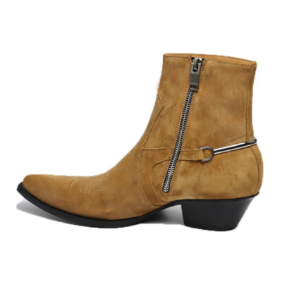 Runway British Mens Real Suede Leather Chains Chelsea Boot Pointy Toe Cuban Heel