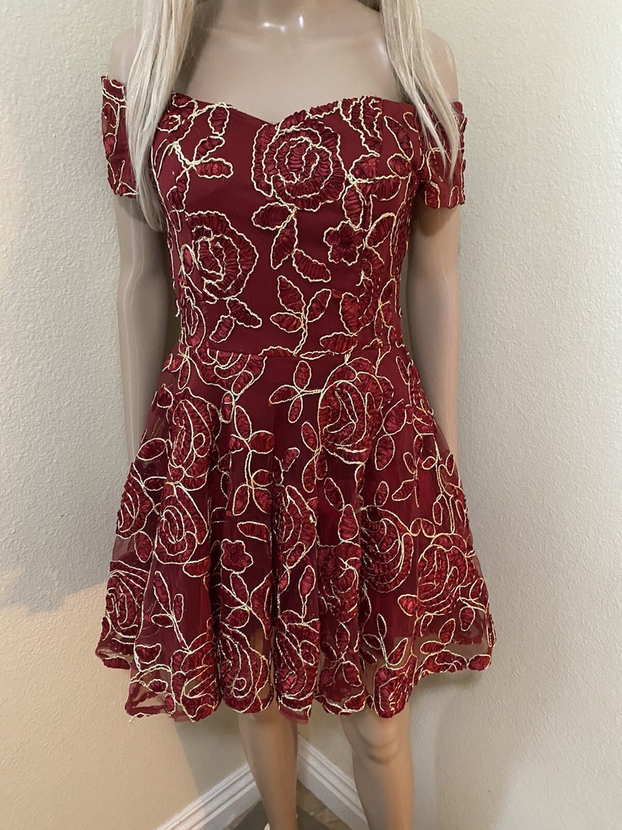 off shoulder deep red and gold cocktail semi formal dress Medium Holidays |  eBay