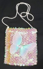 BUTTERFLY sequins PURSE w/plastic pearl strap small bag for young girls 5x4.5"