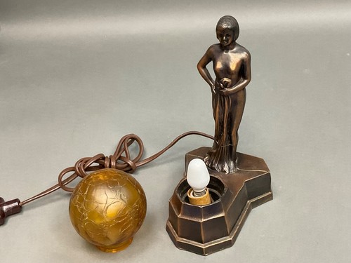 1920's Art Deco Semi-nude Electric Boudoir Lamp with Crackle Glass Ball Shade - Picture 7 of 11