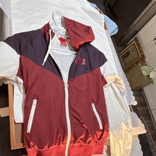 Nike Men  s Hooded Full Zip Colorblock Windbreaker Jacket Burgundy/White S