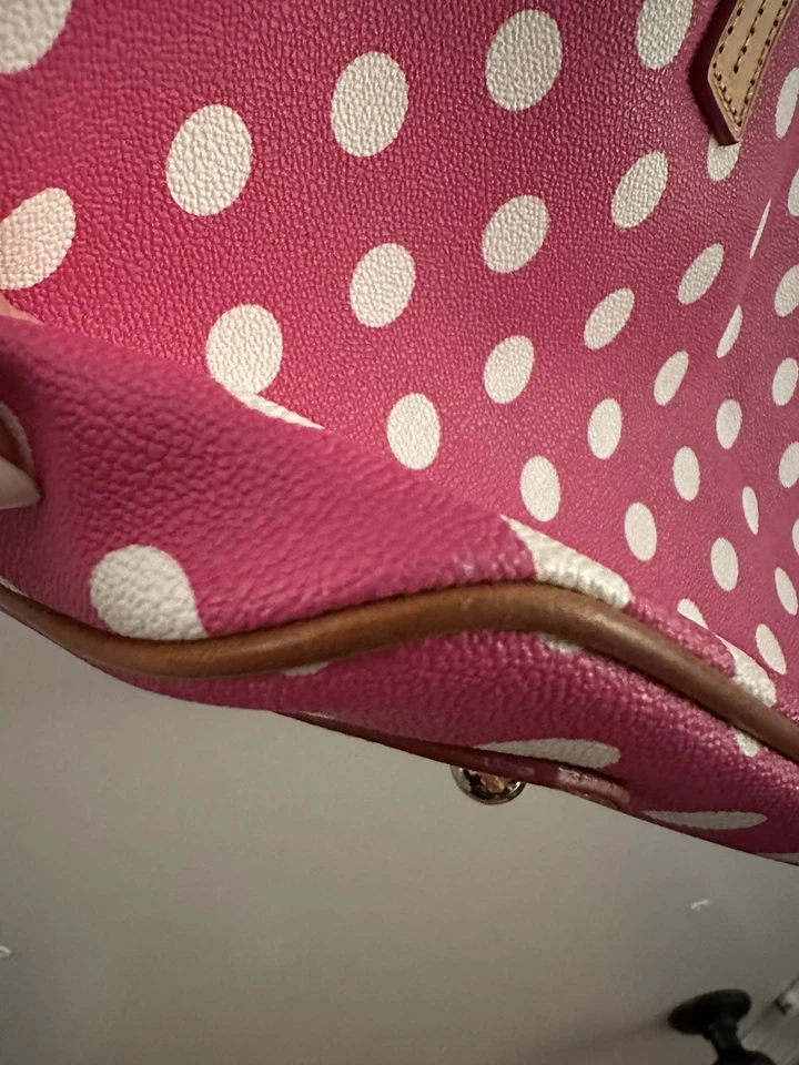 Dooney & Bourke Tote Bag Pink White Polka Dot Shopper Vachetta Leather Trim - Image 3 of 4