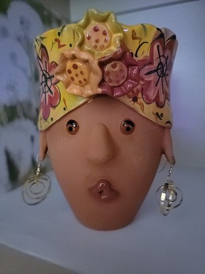 Bird Brain Terra Cotta ART POTTERY Planter Flower WOMAN  Pot