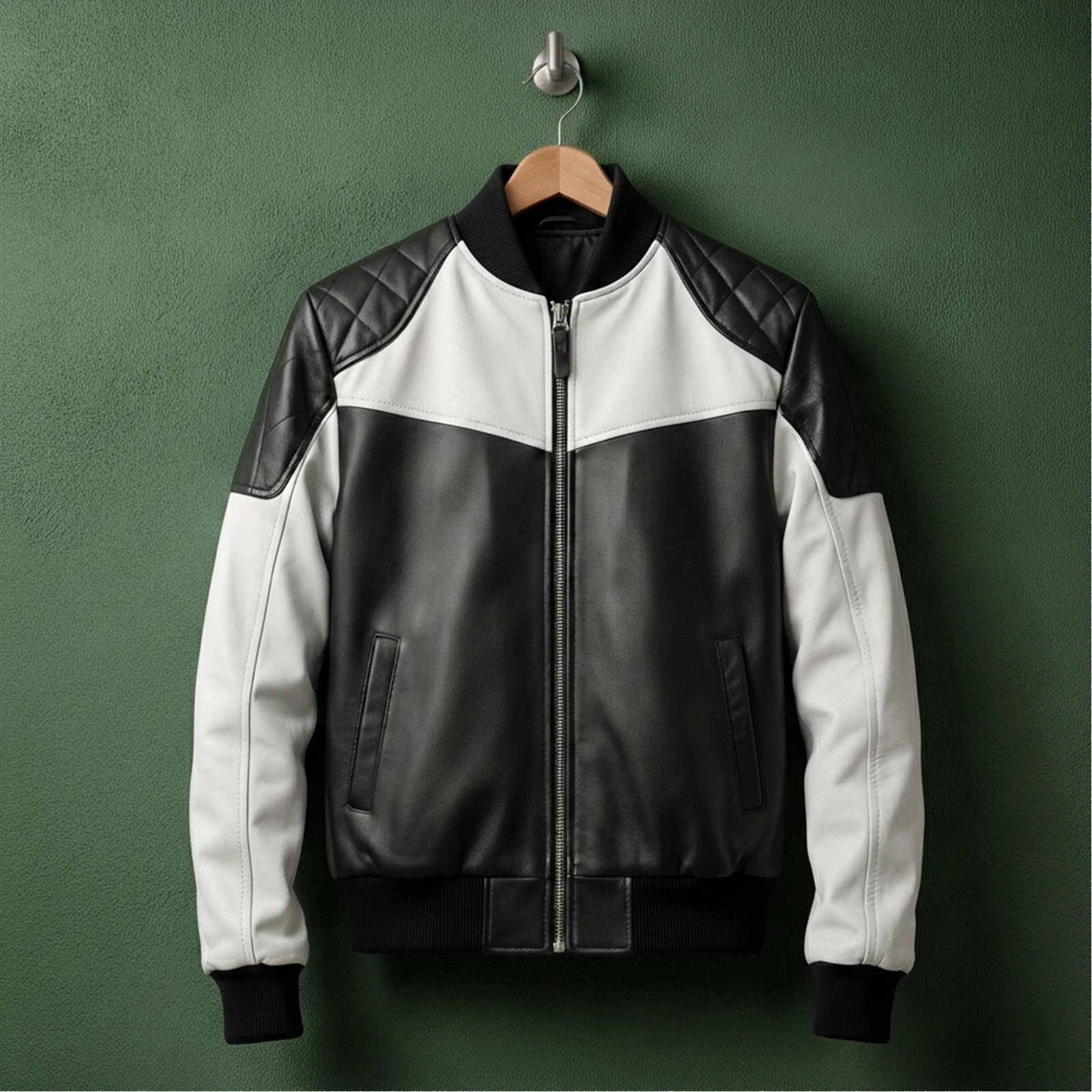 Men's Varsity Leather Jacket Black White Real Leather Baseball College Style Coa