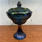 Indiana Carnival Glass Harvest Grapes Iridescent Blue Compote Bowl Pedestal JD