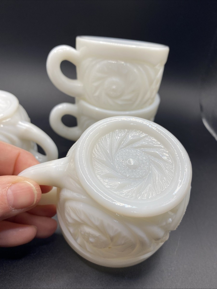 Milk glass punch Bowl cups set of 4 VTG McKee Concord Aztec Swirl