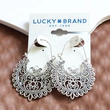 Lucky Brand Silver Boho Hoop Earrings Intricate Design Gift Jewelry