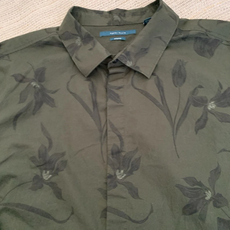 Camisa Perry Ellis Grande Alta Para Hombre 3X Verde Floral Algodón Elástico Manga Larga Foto 3 de 4