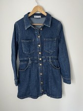 Zara XL Blue Denim Mini Dress Long Sleeve Button Up Collared