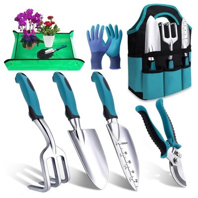 7-teiliges Gartengeräte-Set mit Aufbewahrungstasche, robust rostfrei blau