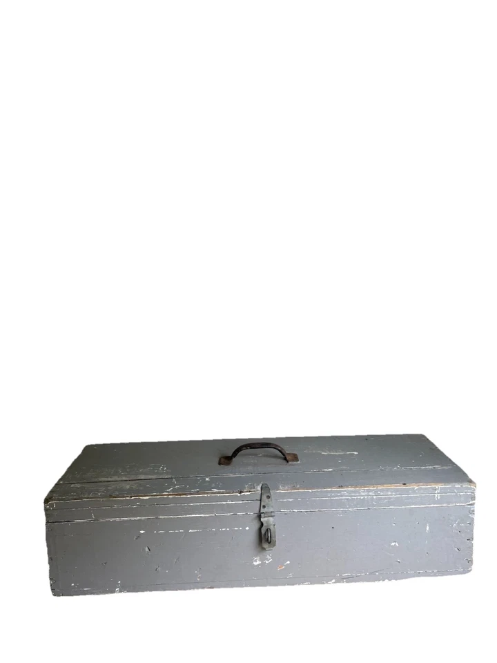Vintage Rustic  Painted Wood Carpenter Tool Storage Box Chest Trunk with Lid - Image 2 of 4