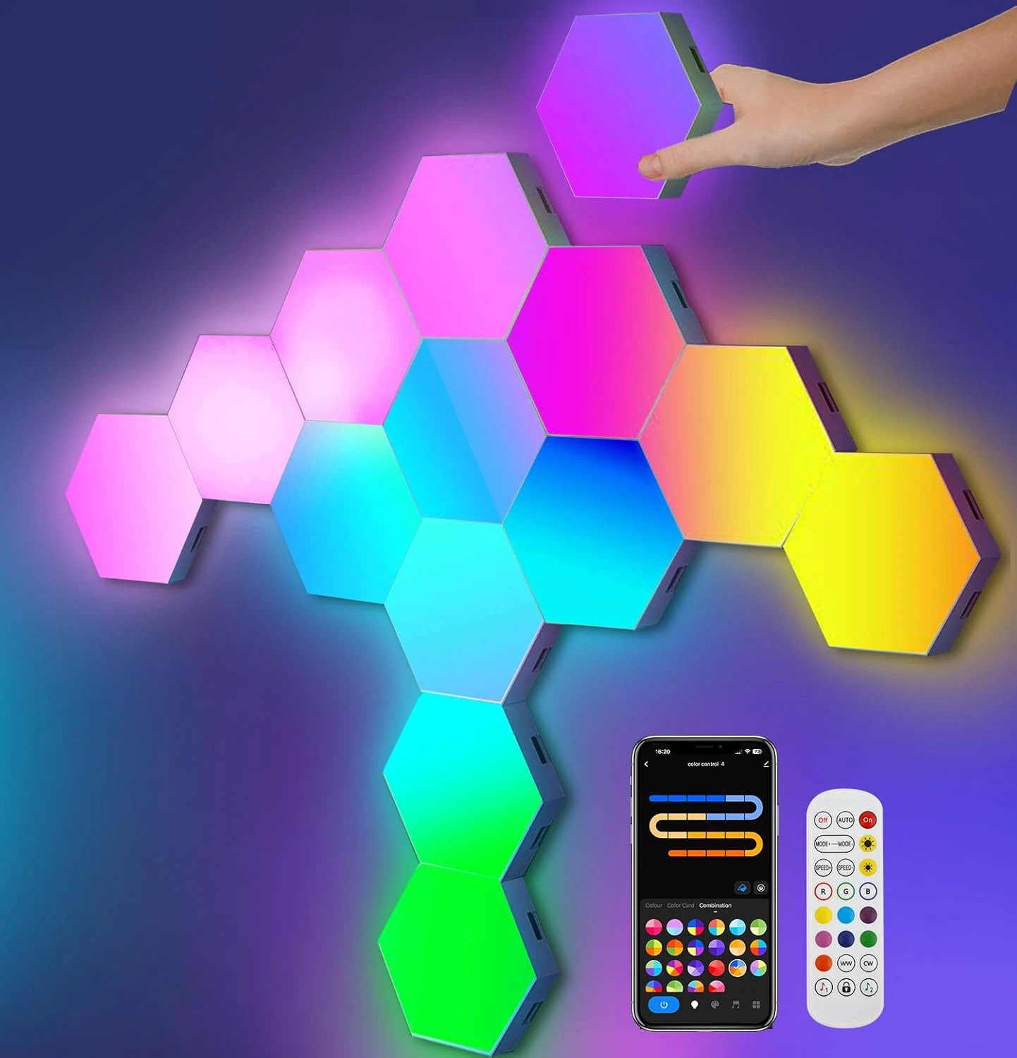 Smart Hexagon LED Lights for Gaming Setup & Home Decor, Voice Control & Music Sy
