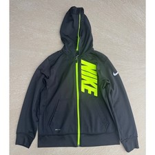 Nike Boys Large L Full Zip Hoodie Black Neon Green Volt Dri-Fit Fleece Big Logo