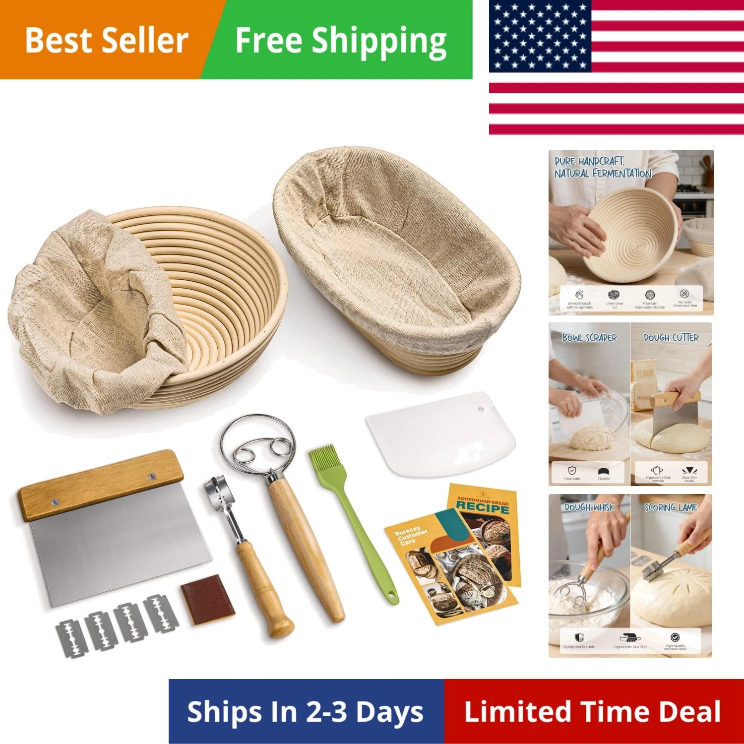 Bread Banneton Proofing Basket Set, 9 Inch Round & 10 Inch Oval Cane Sourdoug...