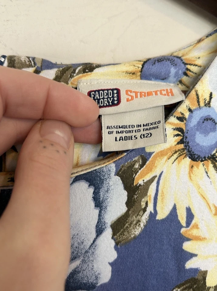 复古 Y2K 90 年代褪色荣耀花卉换装连衣裙 12 蓝色金色向日葵 Pinafore — 第 4/4 张图片