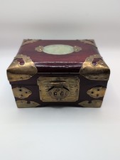 Vintage Chinese Jewelry Box with Silk Lining and Jade Insert for Jewelry Storage