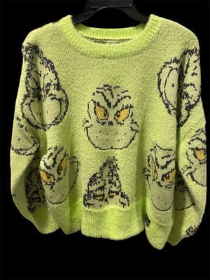 The Grinch Justice Girl Neon Fuzzy Sweater All Over Grinch XL Plus Dr Seuss