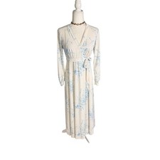 Vintage Miss Elaine Floral Wrap Nightgown Cream Blue Maxi Cottagecore