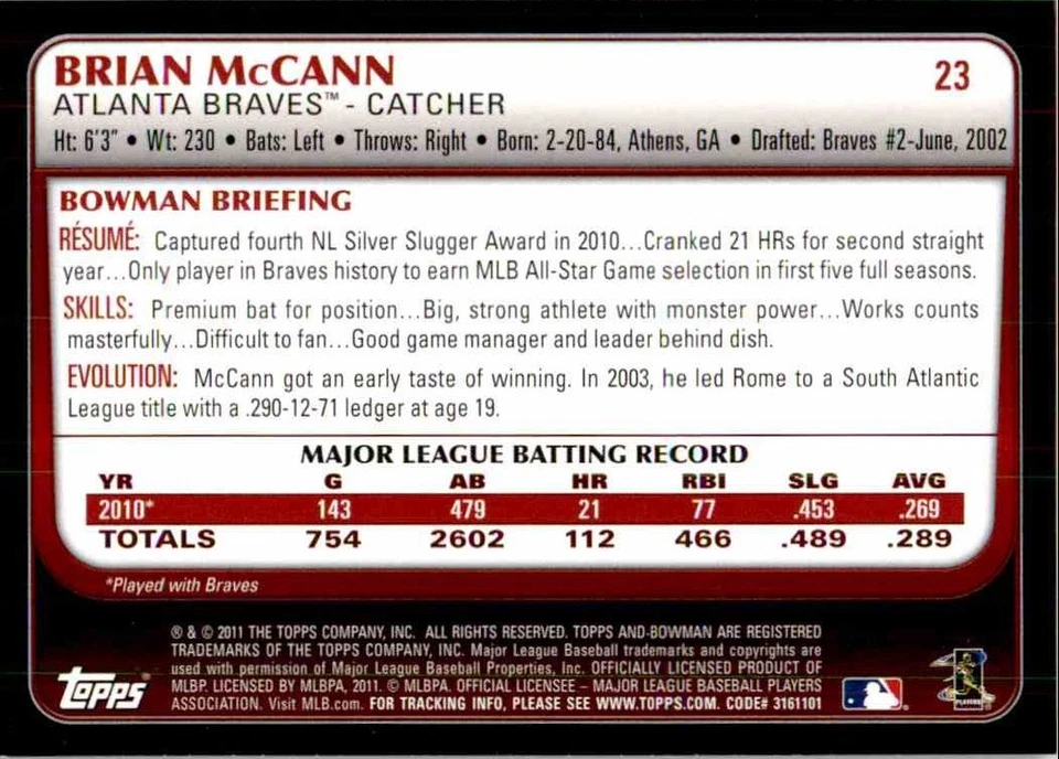 2011 Bowman Brian McCann Atlanta Braves #23 - Image 2 of 2