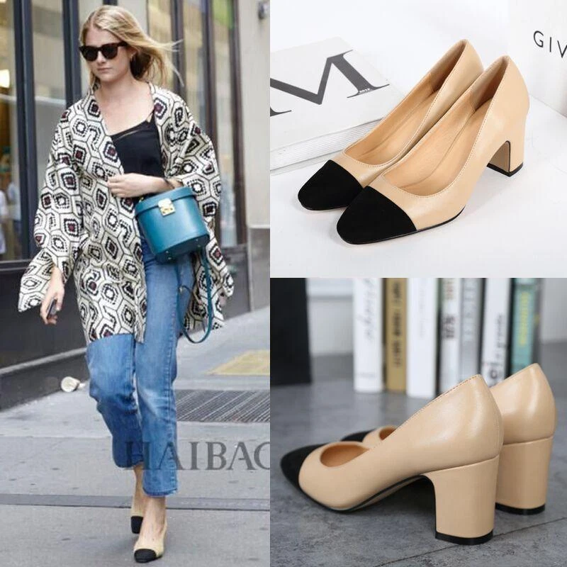 Women Fashion Black Square Cap Toe Med Block Heels Court Work Office Pump  Shoes