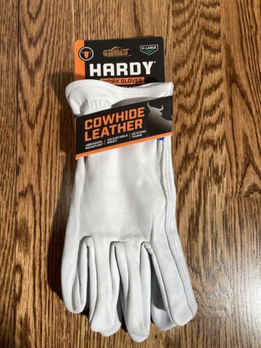 Hardy Men’s Cowhide Leather Work Gloves - White X-Large, Adjustable Wrist, New - Picture 1 of 14