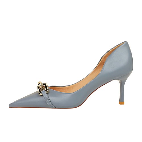 Women's 7cm Mid Heel Prom Shoes Faux Leather Pointed Toe Metal Chain Strap Pumps - Picture 17 of 23