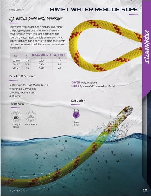 Cuerda Pelican Cuerda de rescate acuático rápida 1/4 x 150' amarilla con rastro azul Foto 4 de 4
