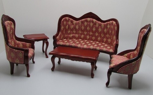 Dollhouse Miniature Wood Victorian Living Room Set Rose Fabric & Mahogany T3397 - Afbeelding 1 van 7