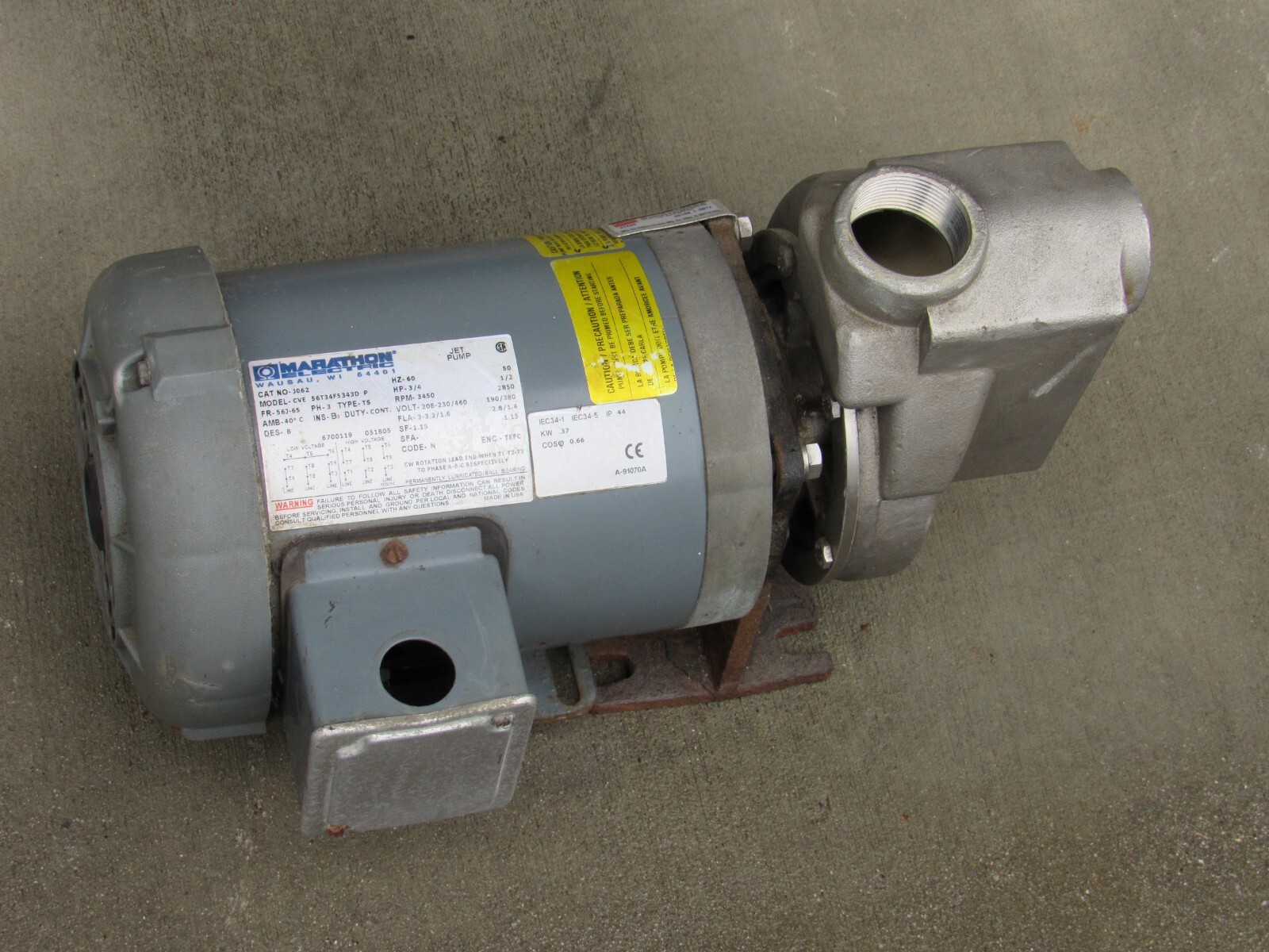 Dayton 4TE25 3/4 HP centrifugal pump 208-230/460 3 phase marathon motor