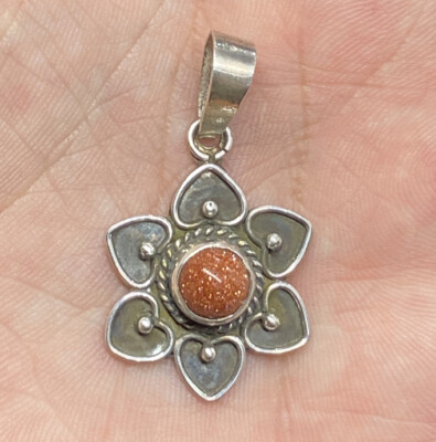 Vintage Sterling Silver & Red Goldstone Floral Dangle Drop Ornate Pendant