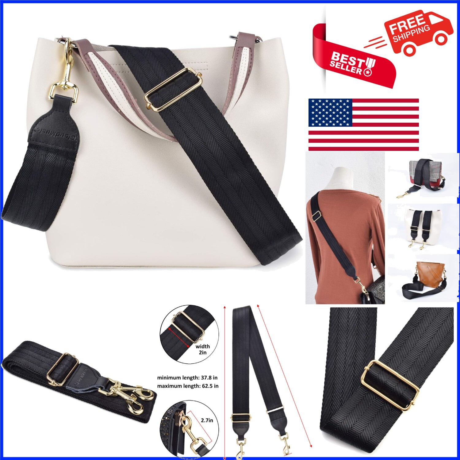 Durable Black Purse Strap with Golden Buckle - Stylish Replacement Solution