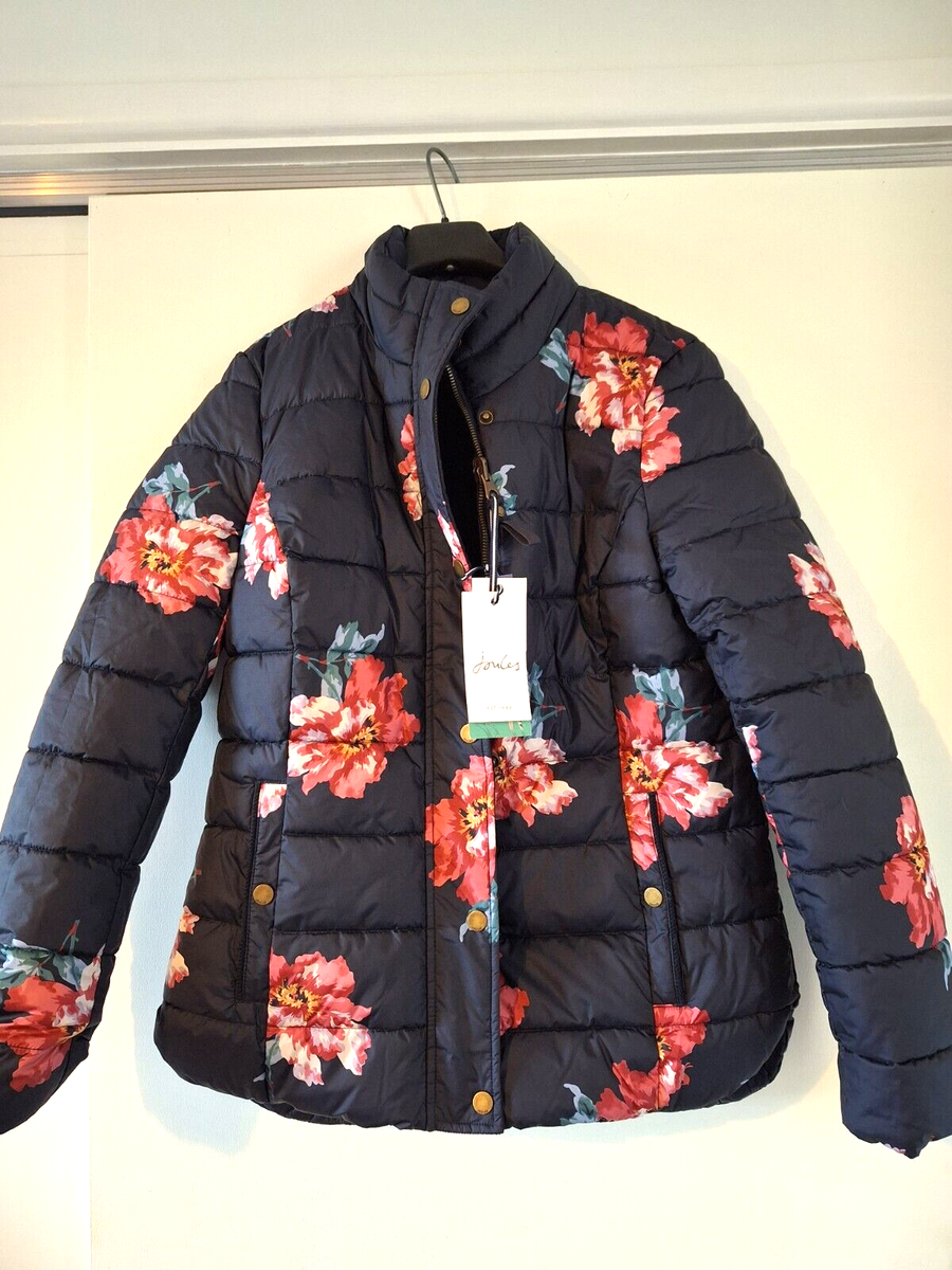 ladies Joules Highgrove Quilted Reversible Coat Jacket Floral Navy