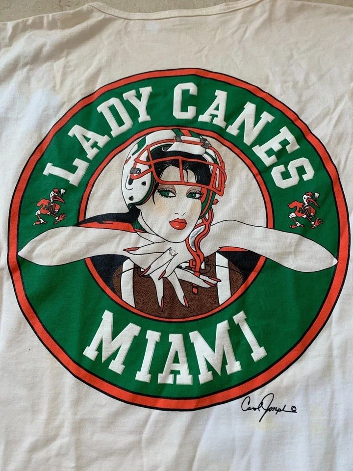 Camiseta de Fútbol Vintage Pin Up LADY CANES MIAMI XXL 50" Pecho Carol Joseph BLING TOP Foto 3 de 4