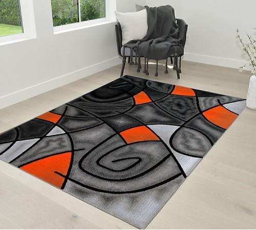 Electric Orange/Grey/Silver/Black/Abstract Area Rug Modern Contemporary Rug - Picture 3 of 44