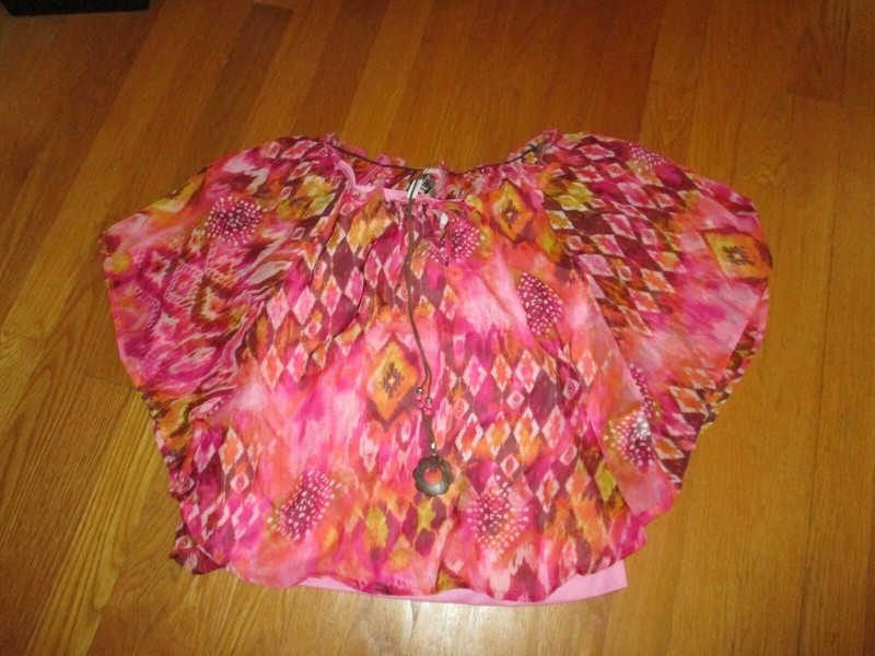NWT Girls Knitworks Pink Batik Print Batwing Blouse w/ Tank & Necklace XL 14-16