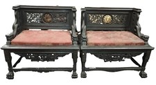 EXCEPTIONNELLE PAIRE DE FAUTEUILS ANCIENS CHINOIS. BOIS SCULPTÉ. BRONZE. XIXE
