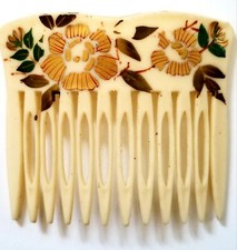 Vintage Mid Century Hawaiian Hand Painted Floral Hair Comb Accessory - EUC