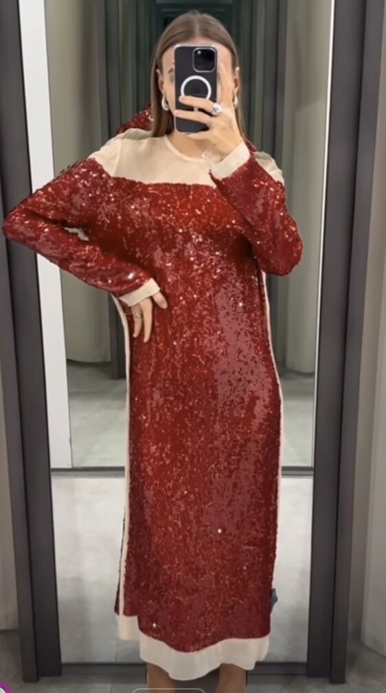 ZARA WOMAN SEQUIN CHIFFON RED MIDI DRESS ZW COLLECTION_4786 ZARA WOMAN SEQUIN CHIFFON RED MIDI DRESS ZW COLLECTION_4786
