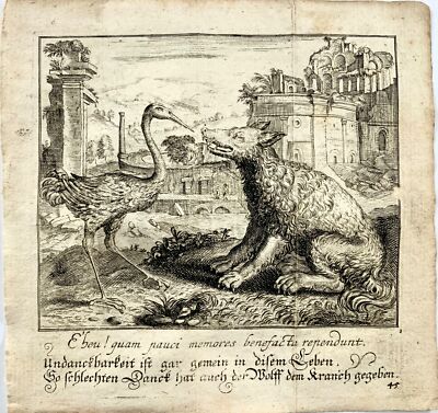 1689 Sadeler, Schmidts, Wappenstich, Der Kranich und der Wolf, Äsop
