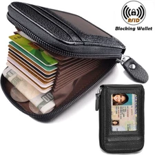 Mens Genuine Leather Wallet Credit Card Holder RFID Blocking  Thin Zipper Pocket