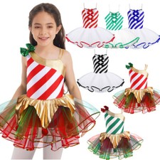 Kids Girls Christmas Ballet Striped Mesh Tutu Dress Figure Ice Skating Skirt