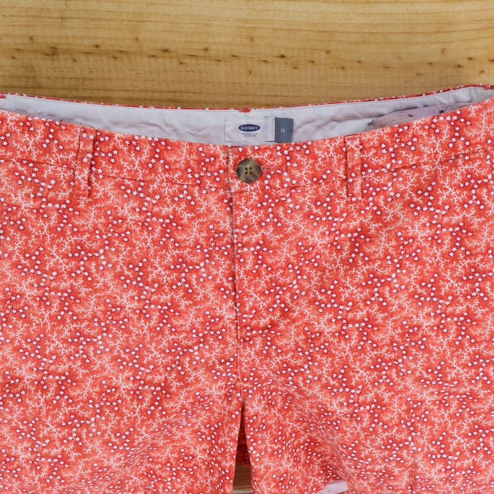 Shorts feminino Old Navy tamanho 12 laranja floral 100% algodão chinos cintura média bolsos - Imagem 4 de 4