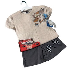 NEW Disney Pixar Cars Short Outfit Set Boy 4T Beige Gray Lightning McQueen Mater