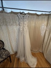 Morilee White Lace Tulle Ball Gown Wedding Dress Cap Sleeve Train Size 10