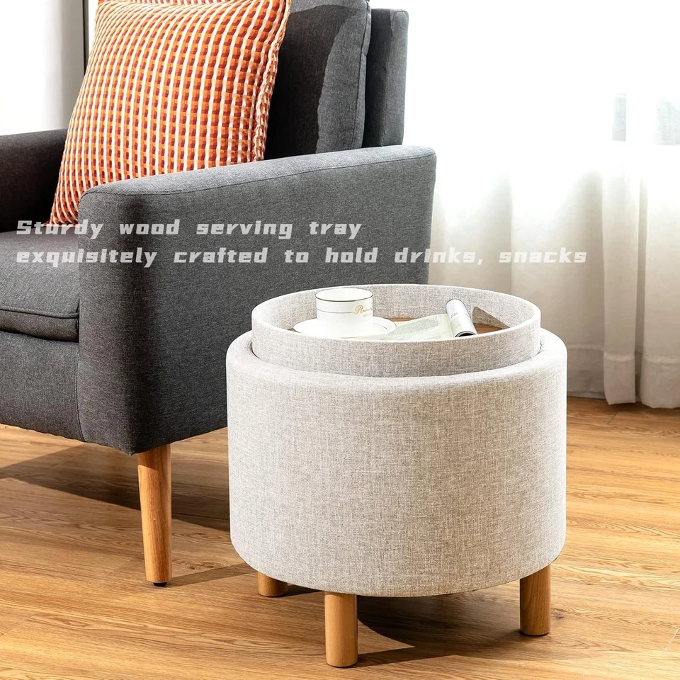 Otomana de almacenamiento redonda Giantex con bandeja, reposapiés de acento con acolchado suave, Foto 2 de 4