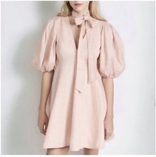 Blush Pink Puff Sleeve Mini Dress with Bow, Belt, V-Neck, Short Sleeve
