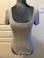 Bozzolo Women s Gray Ribbed Short Sleeve Scoop Neck Bodysuit S/M