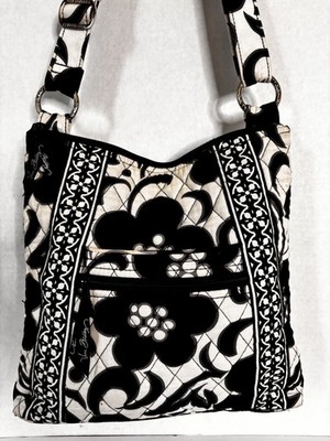 Vera Bradley Black White Floral Crossbody Bag Zip Closure Silver Hardware